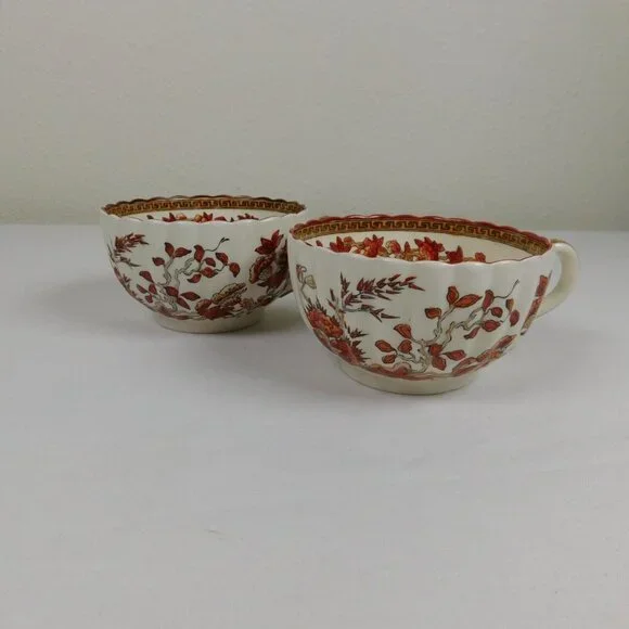 Lot of 2 Spode Indian Tree Tea Cup Saucer Set Scalloped Orange Old Backstamp Vtg - Picture 6 of 12